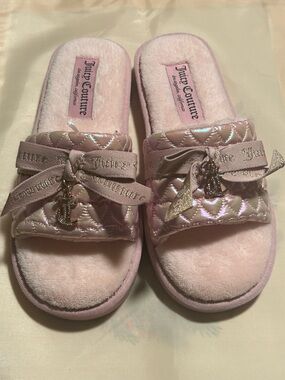 Juicy Couture's Shimmery Light Pink Quilted Slide Slippers with Bow Charm